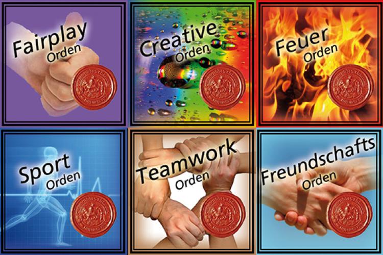 Vorschau für verschiedene Motivationsorden für die Bereiche: Wald, Fairbplay, Kreativität, Feuermachen, Pionier*in, Ehre, Sport, Teamwork, Freundschaft und Orientierung