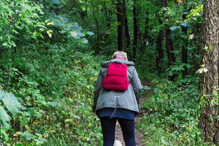 Eine Teilnehmerin liest Spuren bei der Schnitzeljagd im Wald